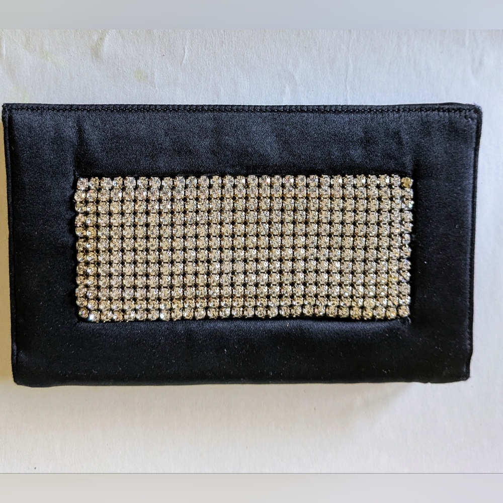 Vintage SOURE Black Silk peau de soie & Rhinestone Evening Clutch